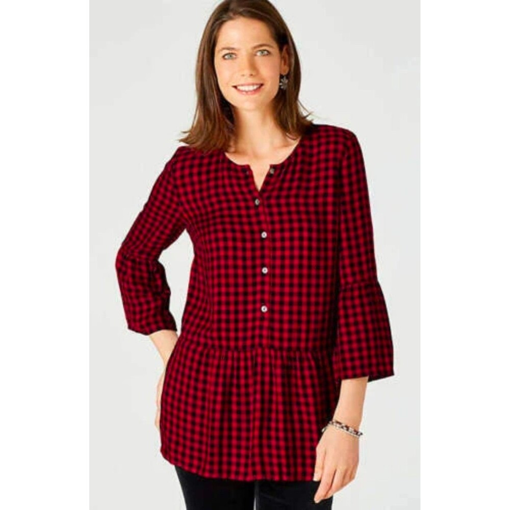 J. Jill Buffalo Check Peplum Blouse Small - Red & Black Plaid Cottagecore Top